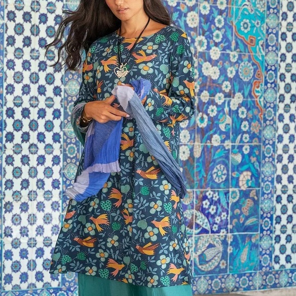 Gudrun Sjoden Vadi Jersey Dress Bird Floral Print Indigo Blue NWT